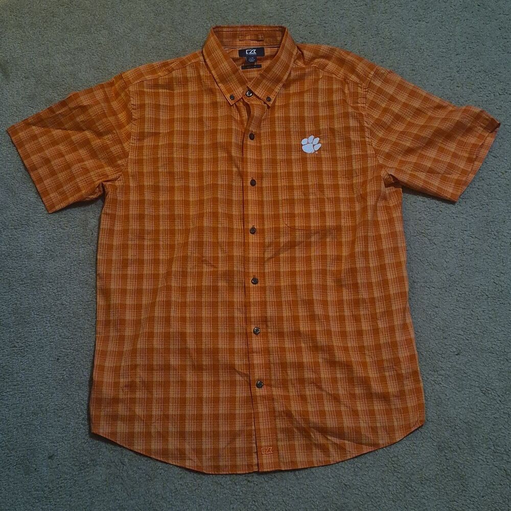 Clemson Tigers Cutter & Buck Plaid  Polo Shirt Men Size Large Orange